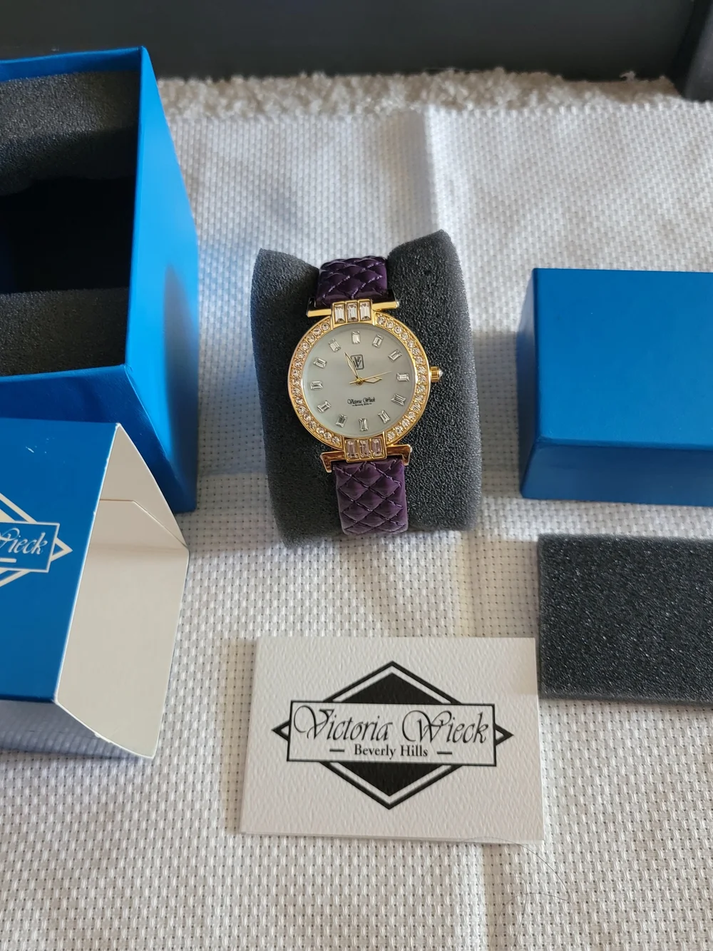 Victoria Wieck Gold Crystal Watch with Purple Quilted Leather Strap